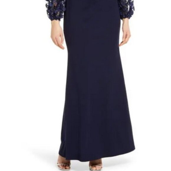 Eliza J Navy Blue Floral Applique Long Sleeve Trumpet Gown - Picture 2 of 6